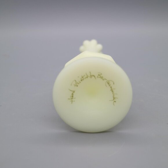 Fenton Yellow Satin Custard Glass Hand Painted Bud Vase Blue Satin Roses Signed - Picture 8 of 9